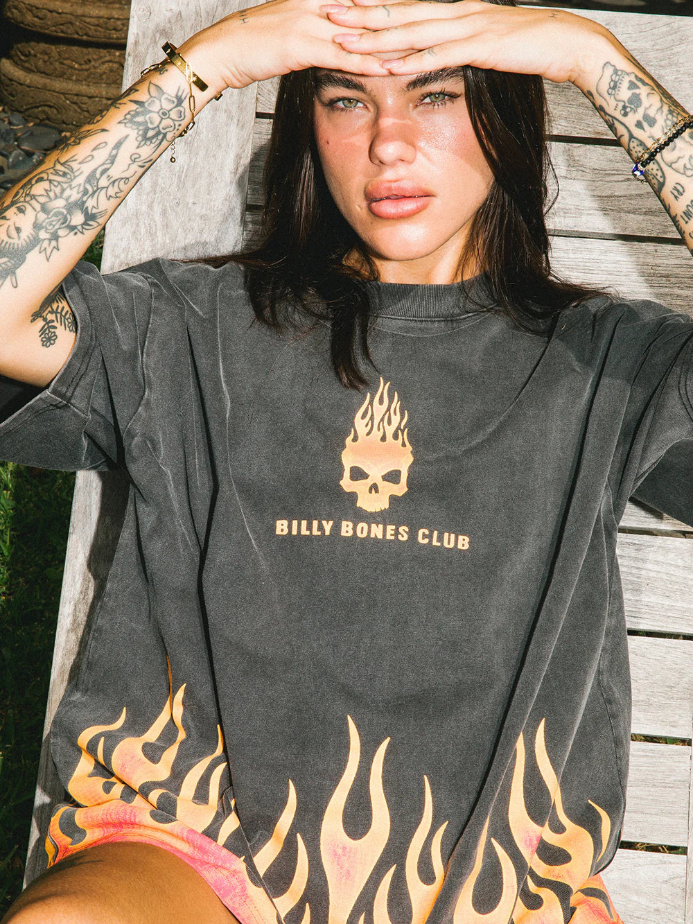 BURNING SKULL BOXY TEE - WASHED BLACK/FLAME - Image 4