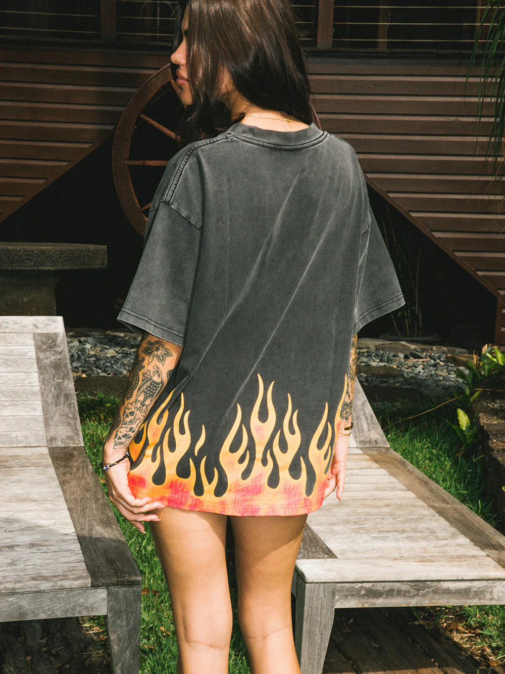 BURNING SKULL BOXY TEE - WASHED BLACK/FLAME - Image 6