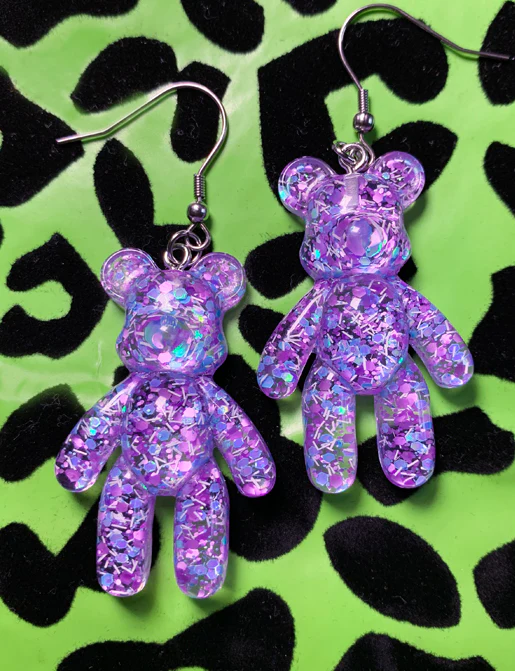 BEAR EARRINGS - PURPLE GLITTER - Image 3