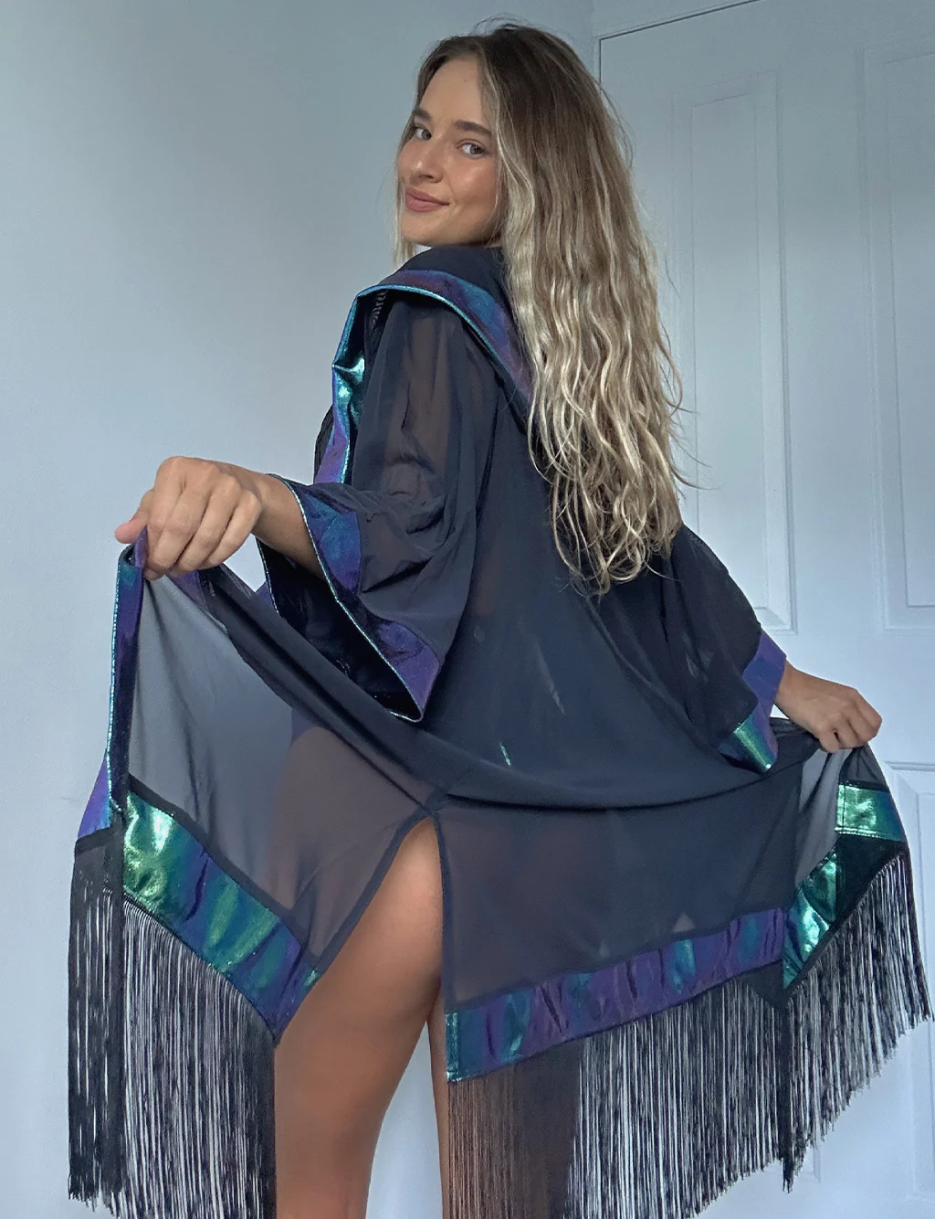 HOODED MESH AND HOLO FRINGED KIMONO - BLACK/OIL SLICK - Image 3