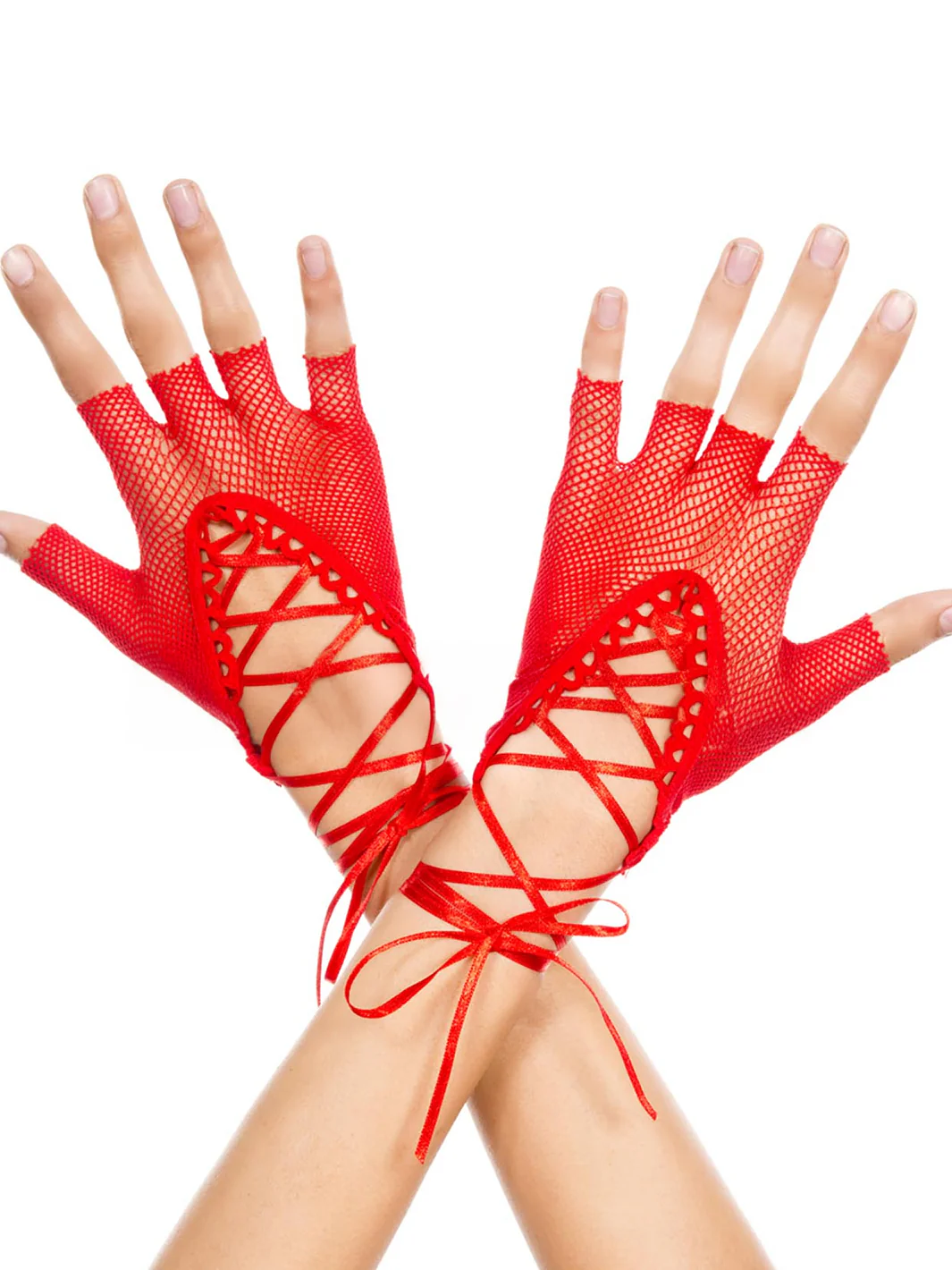 LACE UP MESH FINGERLESS GLOVES - RED