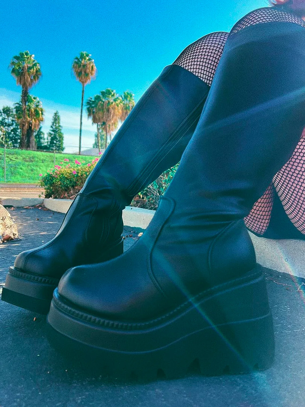 DEMONIA SHAKER 100 WIDE CALF PLATFORM BOOTS - BLACK VEGAN LEATHER - Image 2