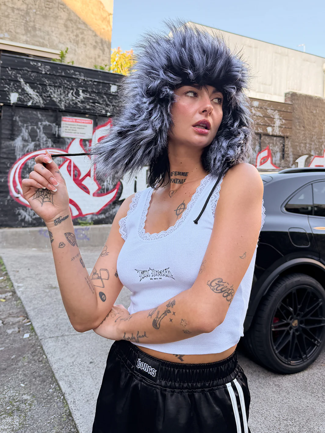 SNOW BRAT FUZZY HAT - BLACK & WHITE