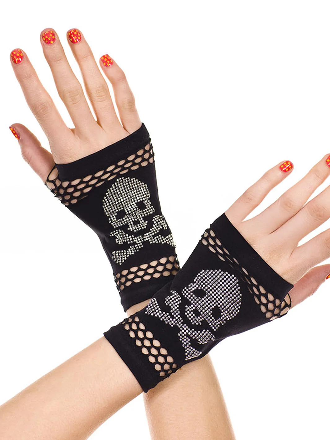 STUDDED SKULL FINGERLESS GLOVES - BLACK