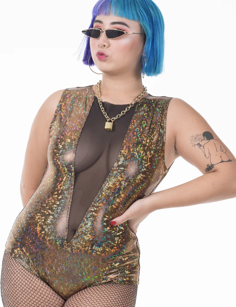 V MESH FRONT BODYSUIT - GOLD RUSH - Image 4