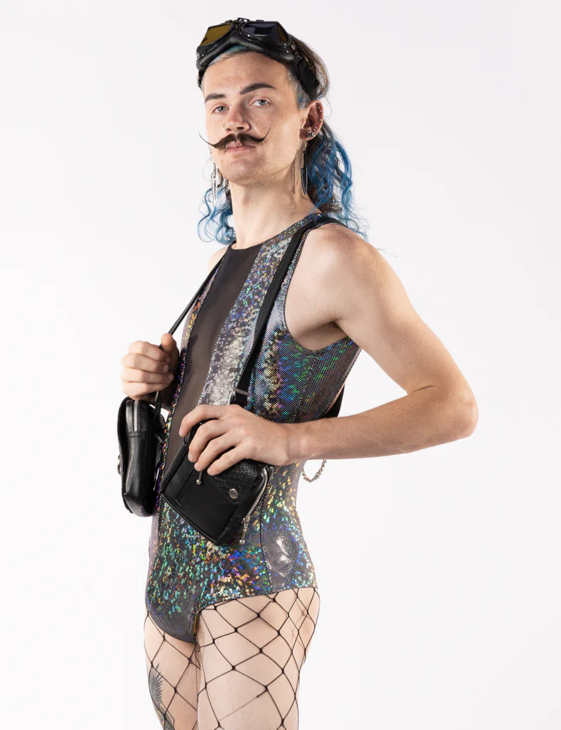 V MESH FRONT BODYSUIT - SILVER DISCO BRAWL - Image 3
