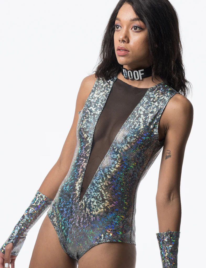 V MESH FRONT BODYSUIT - SILVER DISCO BRAWL - Image 5